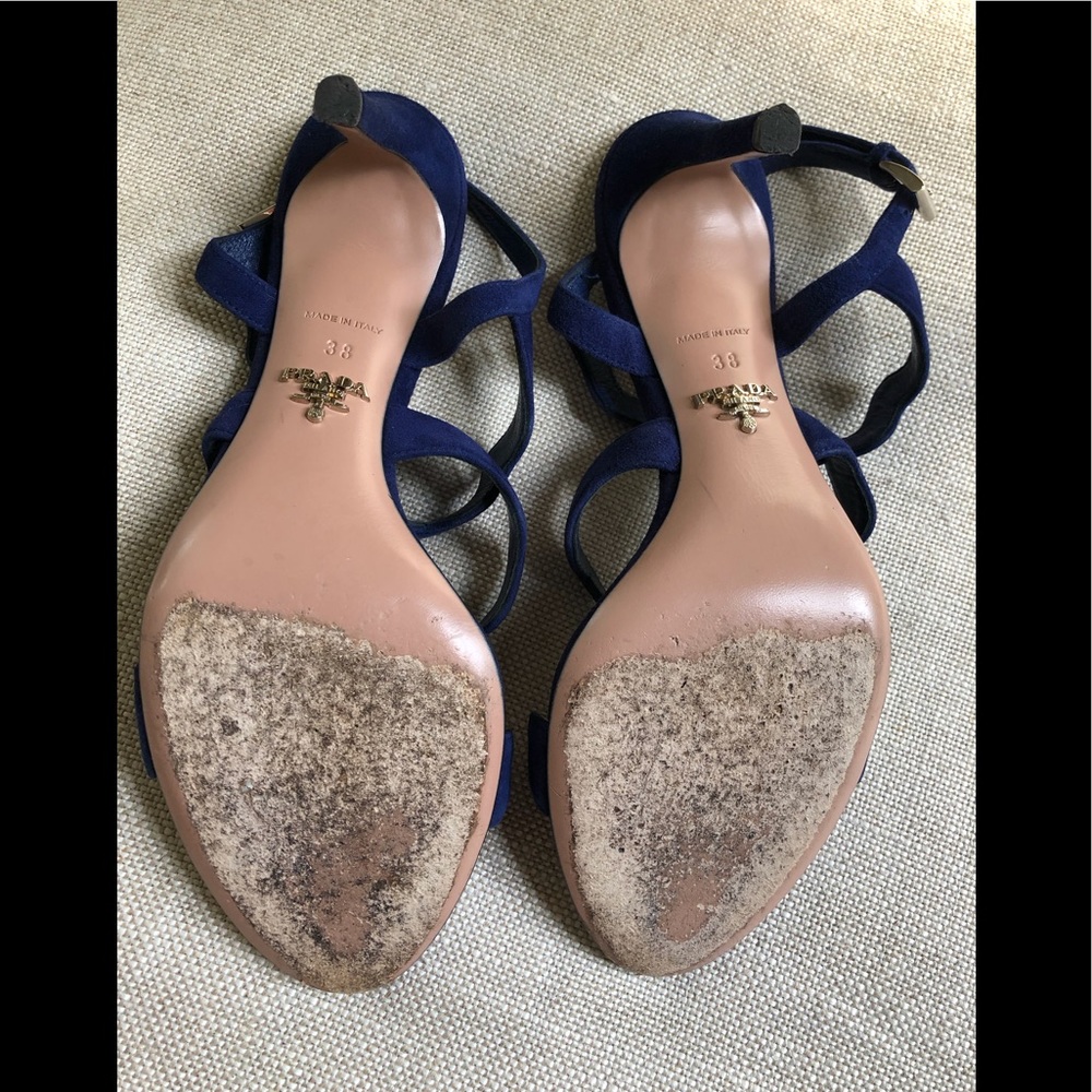 Prada Scalloped Sandals Blue Suede Heel Buckle US 8 - Picture 6 of 8